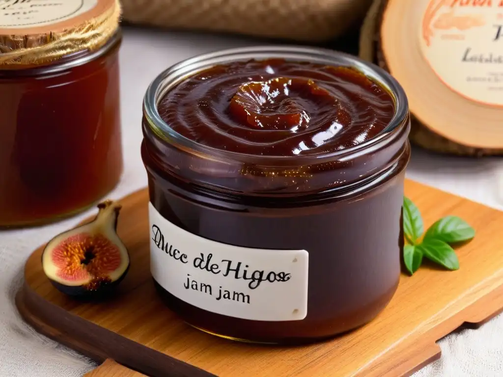 Delicioso dulce de higos casero en frasco de vidrio con etiqueta rústica