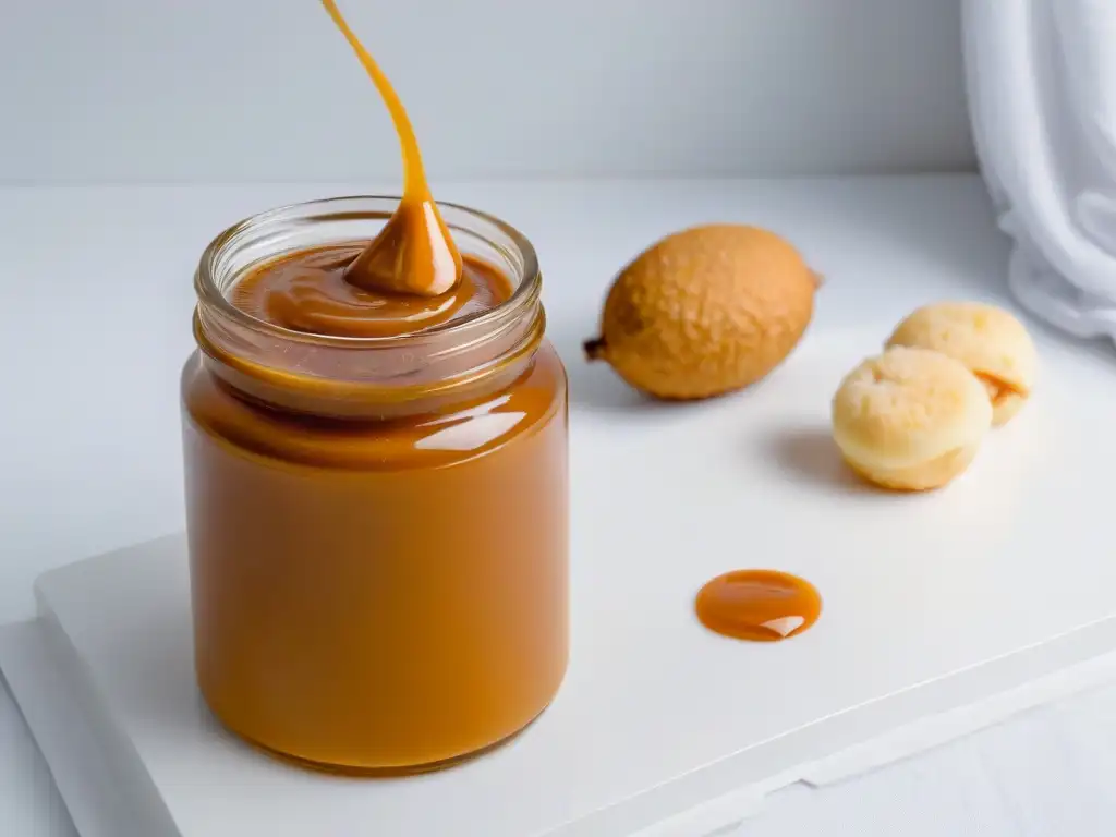 Delicioso dulce de leche casero en frasco, textura cremosa y color caramelo, sobre fondo blanco con luz natural