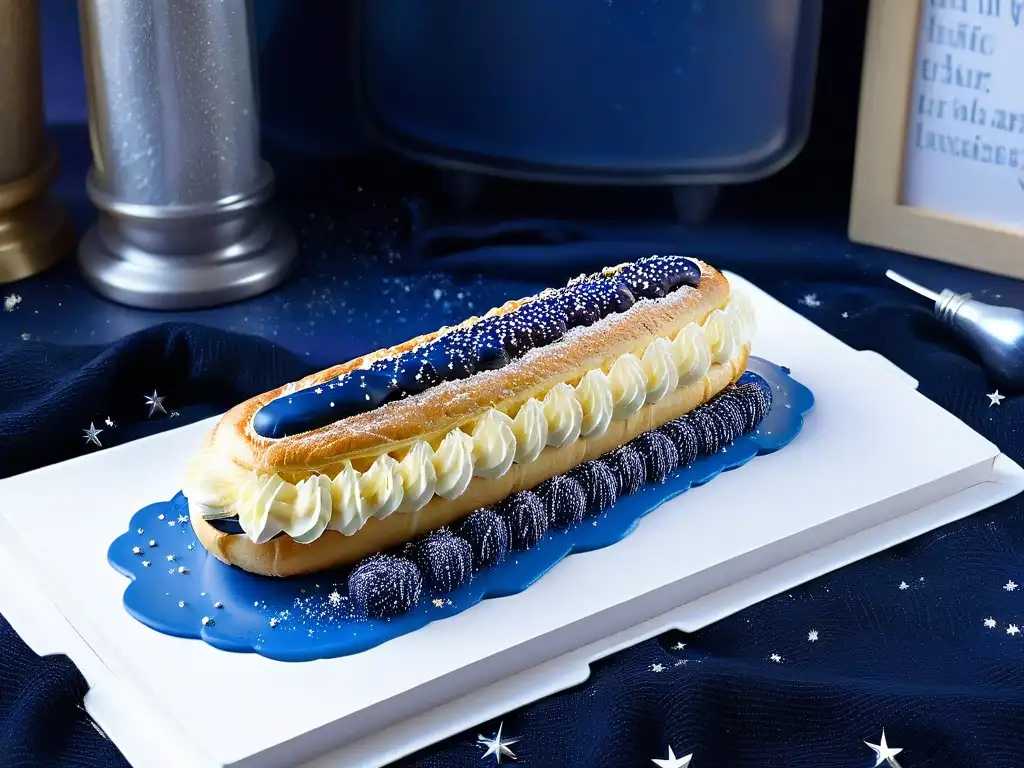 Delicioso eclair galáctico inspirado en Doctor Who, con adornos plateados y una réplica de TARDIS en un plato blanco