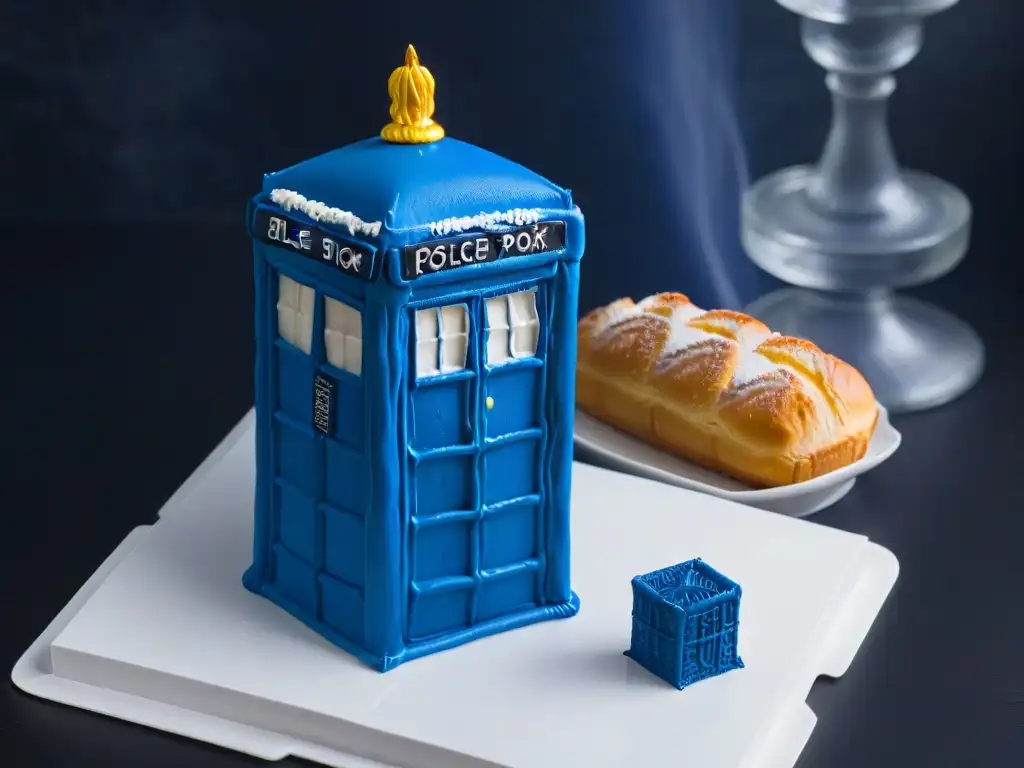 Delicioso éclair inspirado en Doctor Who con diseño de TARDIS en azul brillante y detalles blancos intrincados