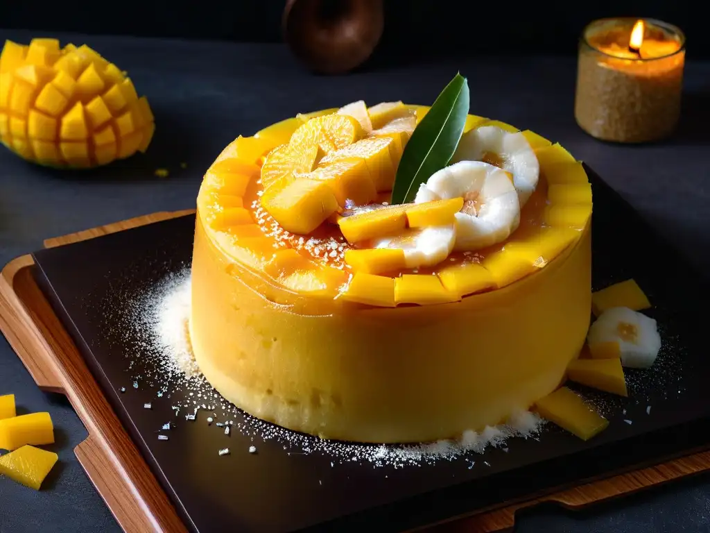 Delicioso bibingka filipino con coco y mango, en un fondo oscuro que realza sus tonos cálidos