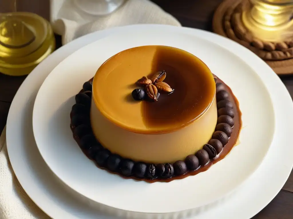 Un delicioso flan de café casero con caramelo perfectamente dorado y un grano de café como adorno