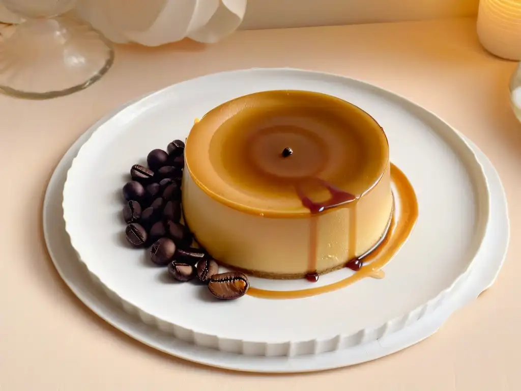 Delicioso flan de café descafeinado con caramelo en un elegante plato blanco