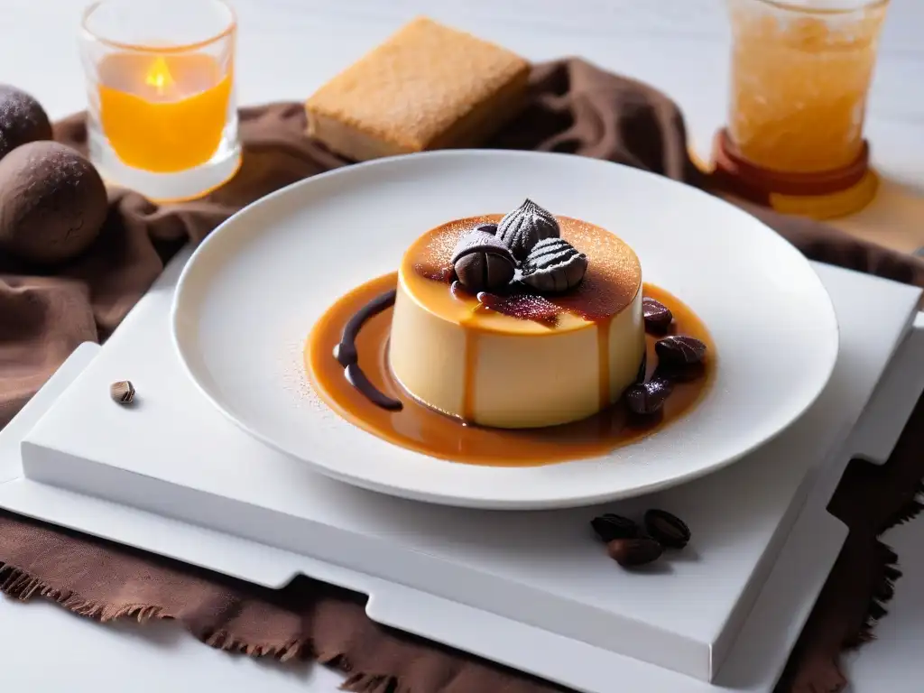 Delicioso flan de café con espresso, caramelo y cacao en plato blanco minimalista