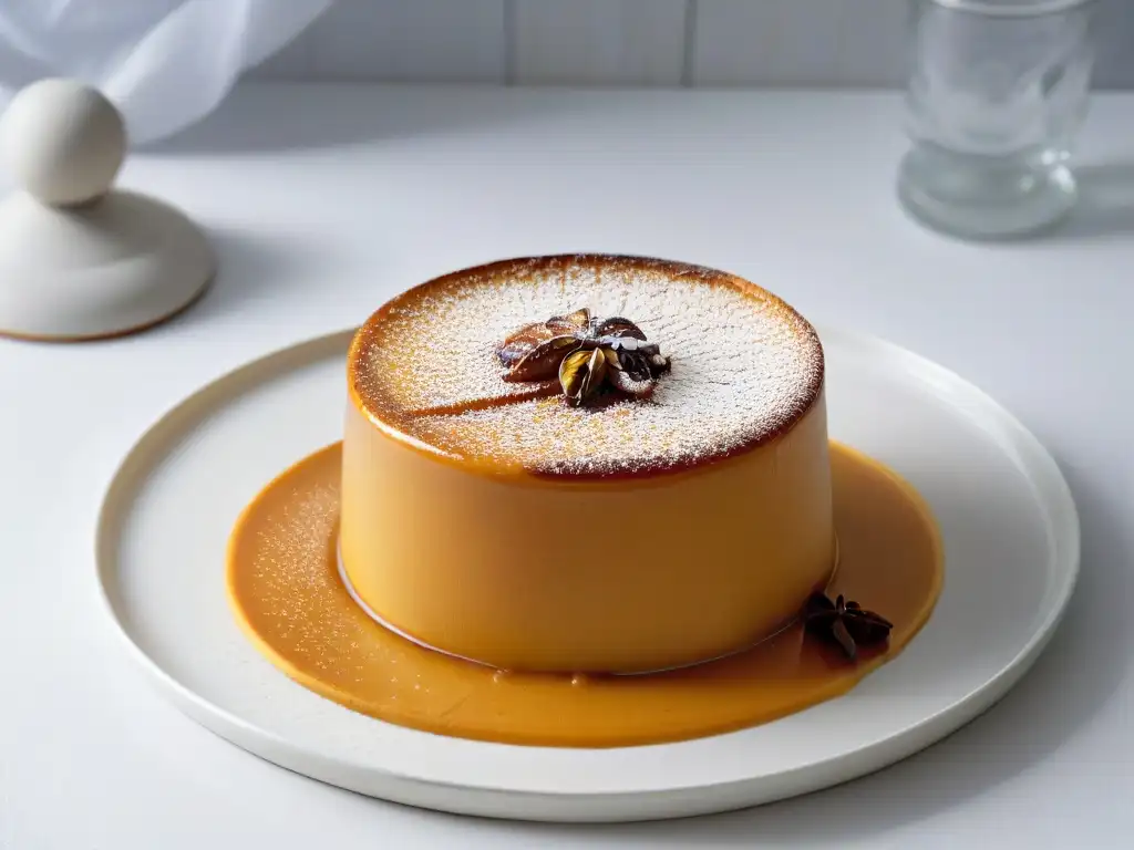 Delicioso flan de calabaza cremoso y caramelizado, con canela, en plato cerámico moderno