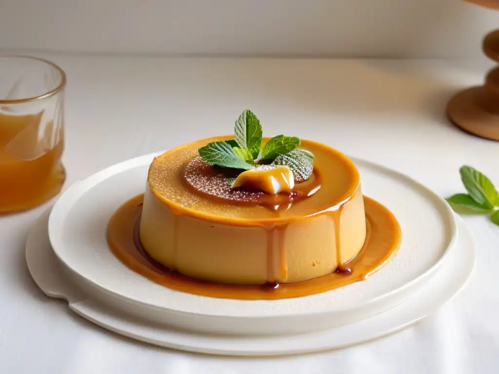 Delicioso flan de calabaza cremoso en plato blanco, con salsa de caramelo y hojas de menta fresca