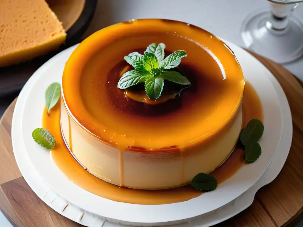 Un delicioso flan de calabaza dorado y adornado con salsa de caramelo, canela y hojas de menta fresca