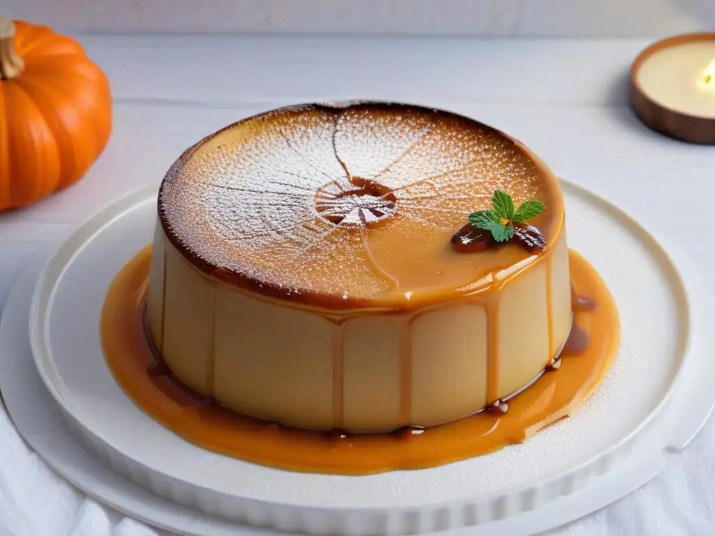 Delicioso flan de calabaza tradicional con caramelo dorado y canela, una imagen que despierta el apetito