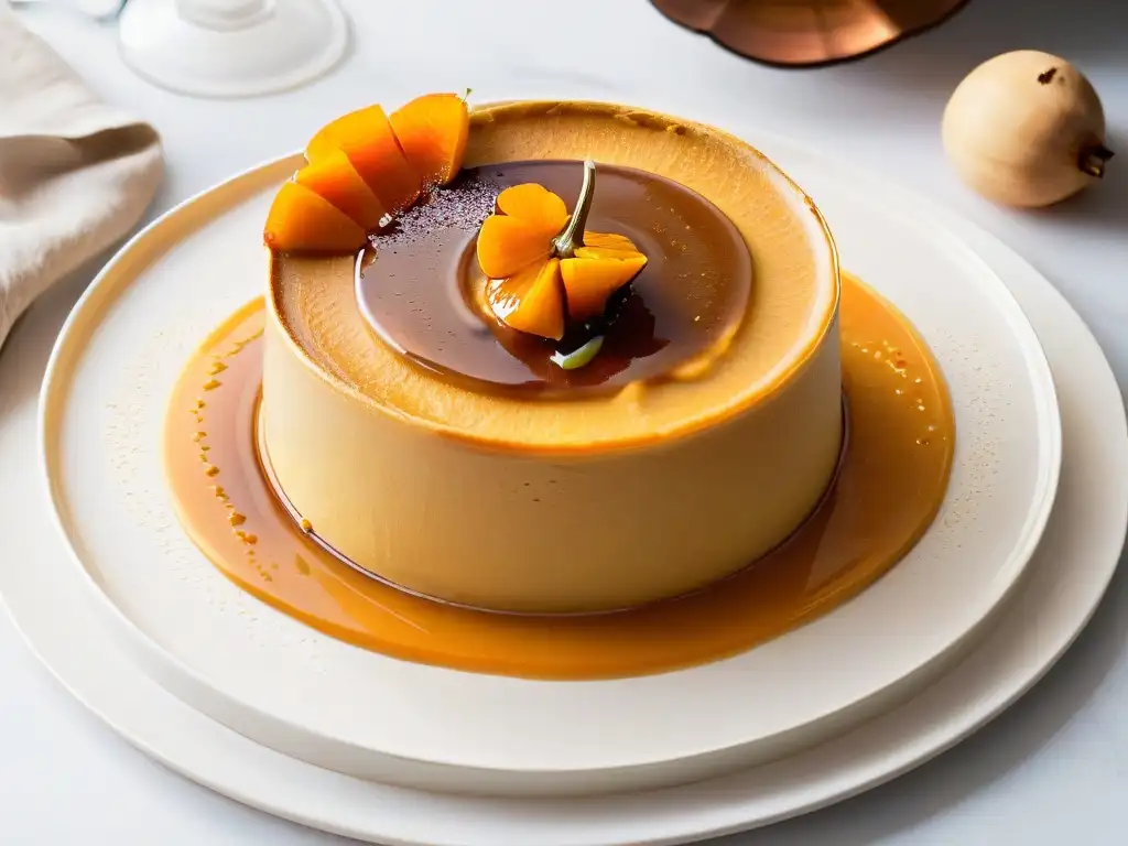 Un delicioso flan de calabaza tradicional con textura suave y cubierta caramelizada, decorado con una flor de calabaza