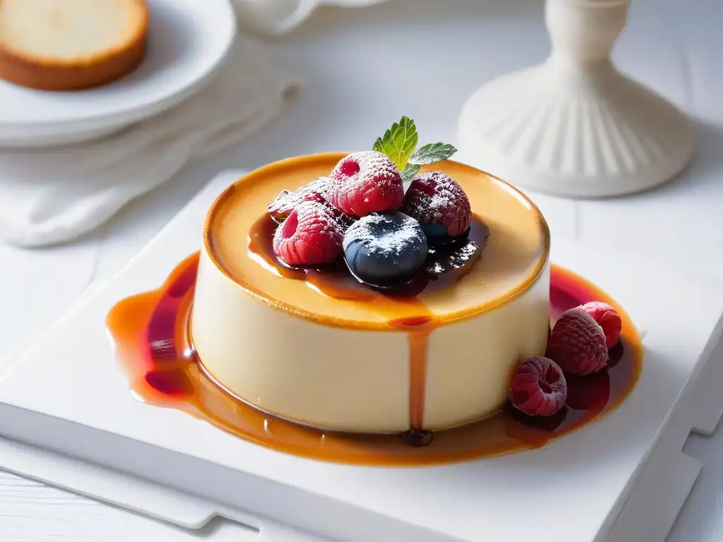 Delicioso flan de caramelo con frambuesa roja en cuenco blanco