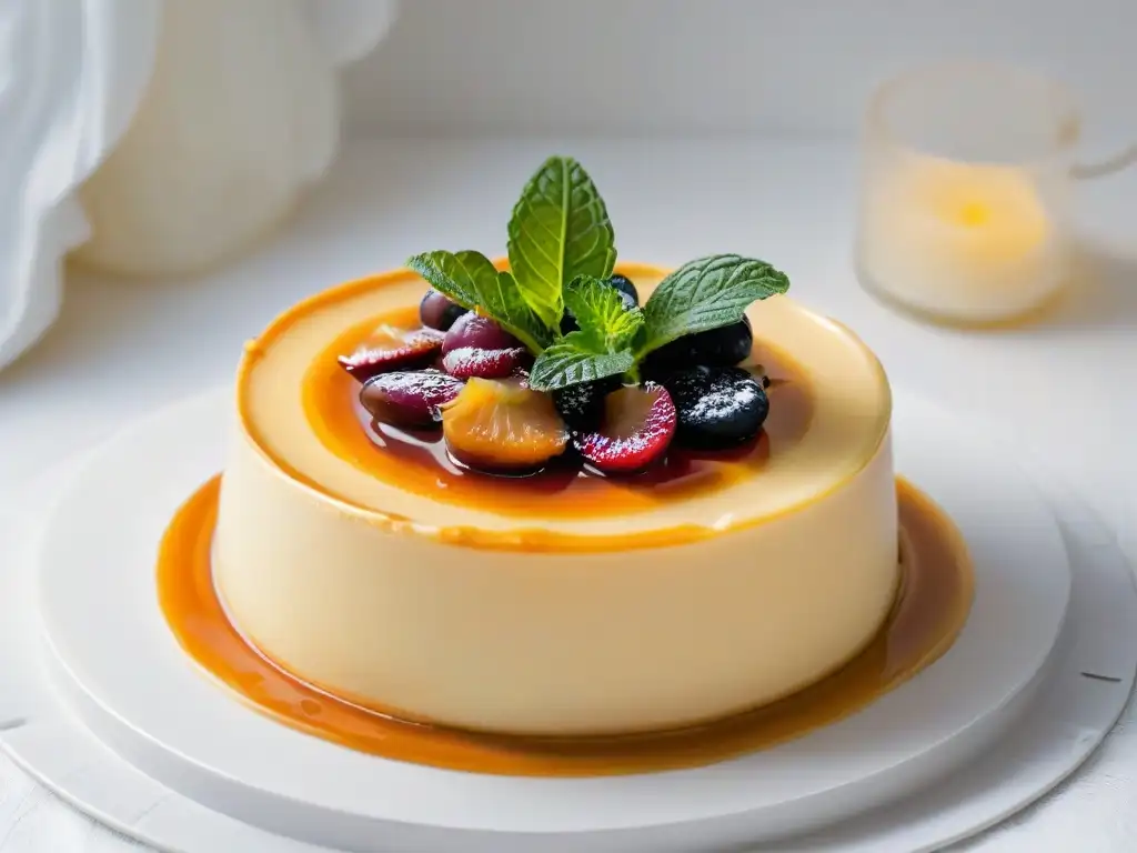 Un delicioso flan casero con caramelo dorado y textura perfecta, adornado con menta fresca