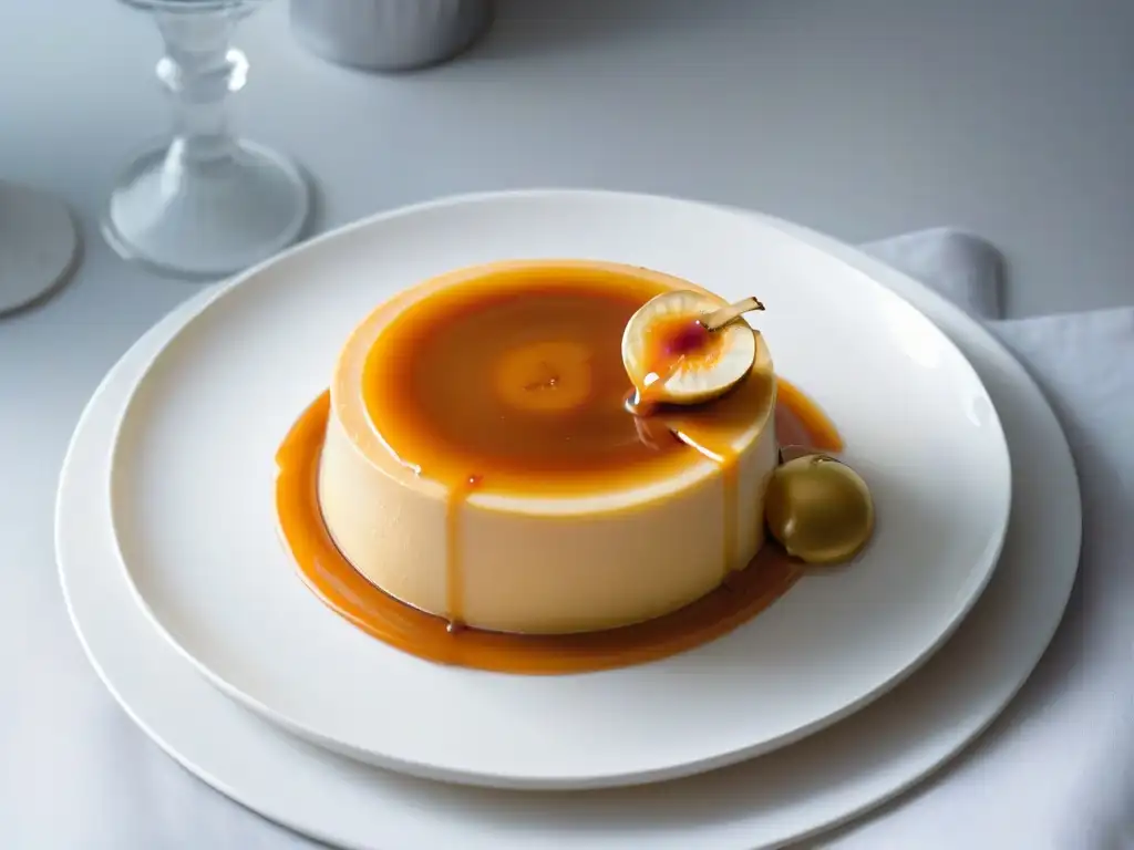 Delicioso flan de textura sedosa en elegante presentación Delicioso flan casero con textura perfecta, presentado con elegancia en un plato moderno blanco