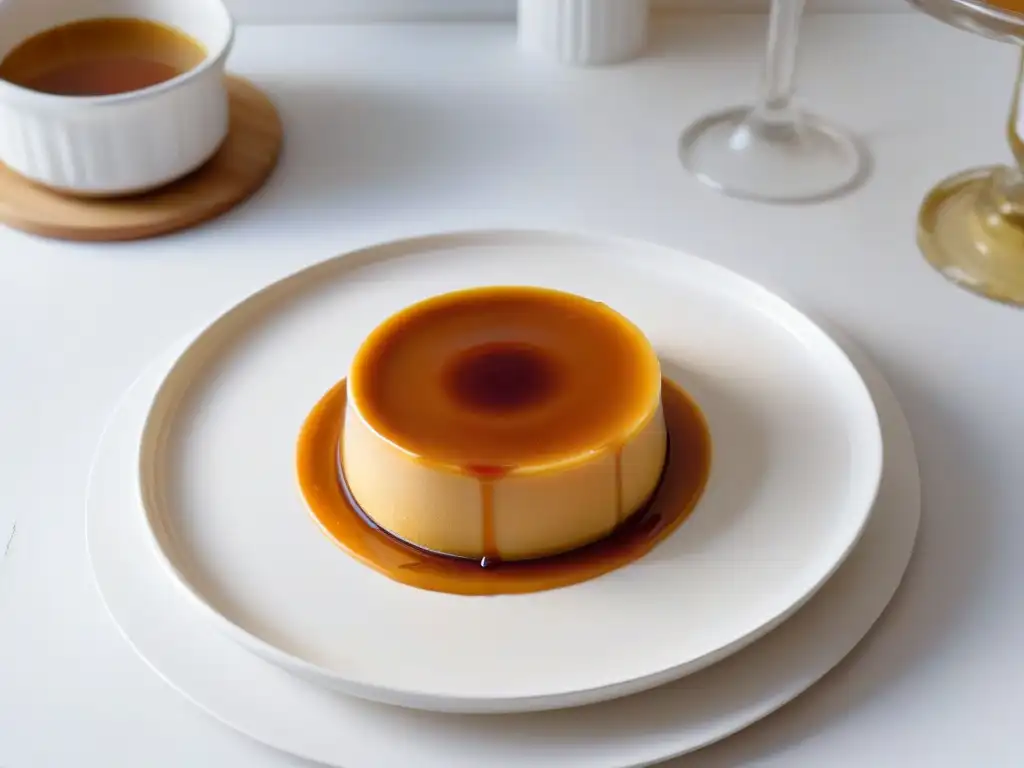 Delicioso flan de crema con caramelo brillante en plato blanco Delicioso flan casero con textura perfecta en plato blanco, bañado en caramelo brillante