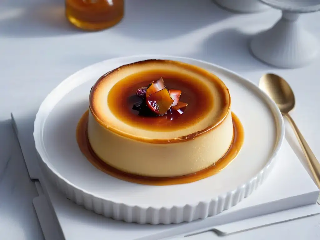 Flan de caramelo perfecto: detalle ultra-cremoso y tentador Delicioso flan casero con textura perfecta en ramekin blanco sobre encimera de mármol iluminado suavemente