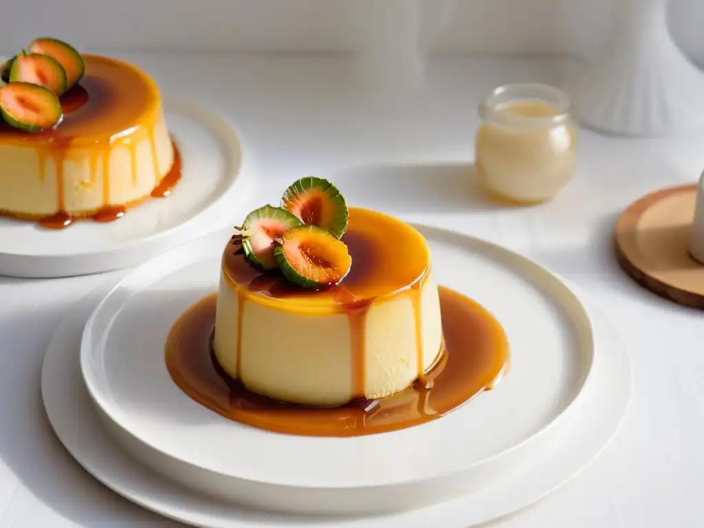 Flan casero: postre cremoso y dorado en plato de porcelana Delicioso flan casero con textura perfecta, bañado en caramelo dorado y presentado en elegante plato de porcelana