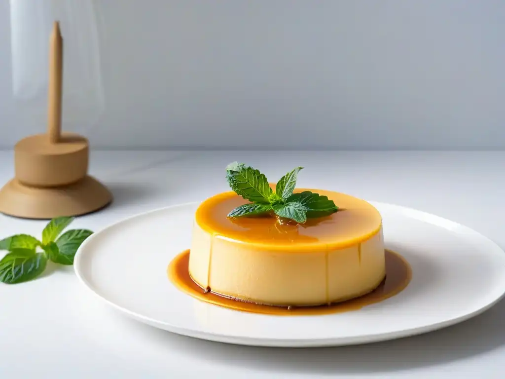 Delicioso flan dorado con menta fresca Delicioso flan casero con textura perfecta, adornado con menta fresca en plato blanco