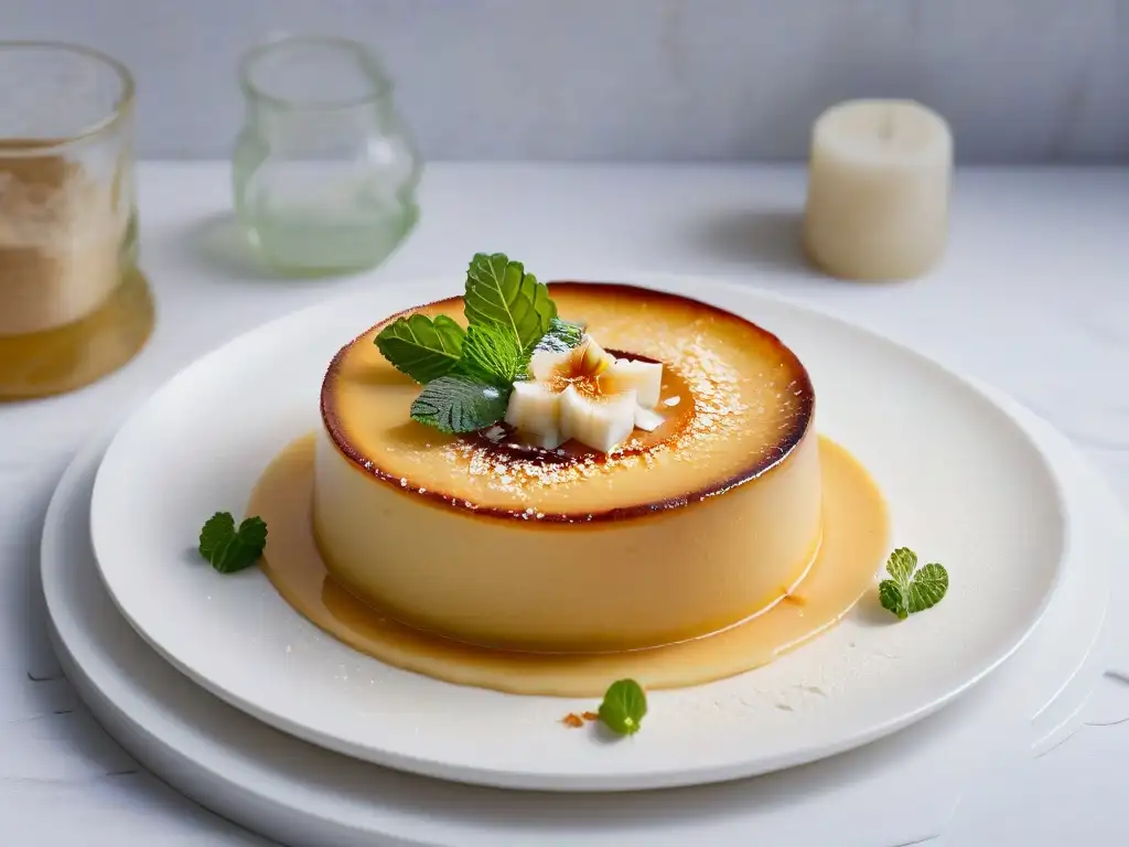 Delicioso flan de coco caribeño con toque moderno, adornado con coco tostado y menta fresca en un plato de porcelana blanco