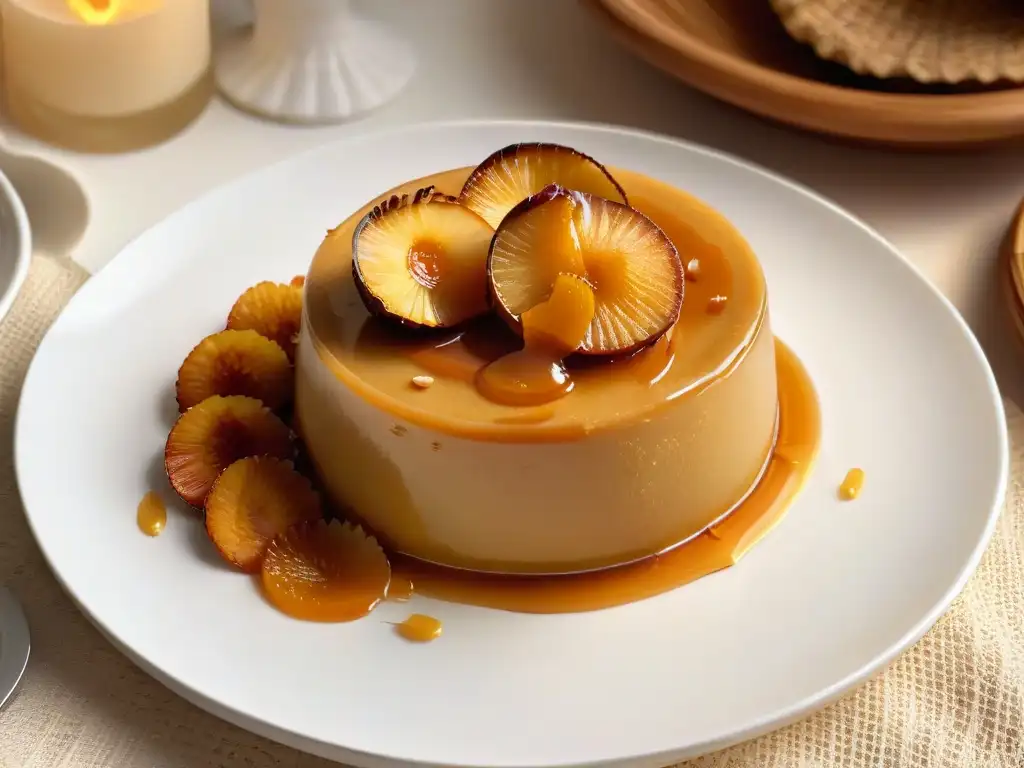 Delicioso flan de coco caribeño con coco tostado, en plato blanco