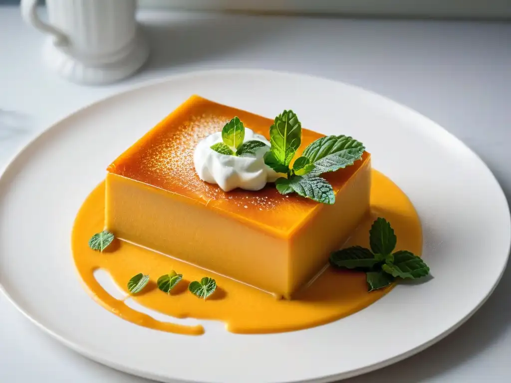 Delicioso flan de calabaza cremoso con caramelo y menta fresca en plato blanco