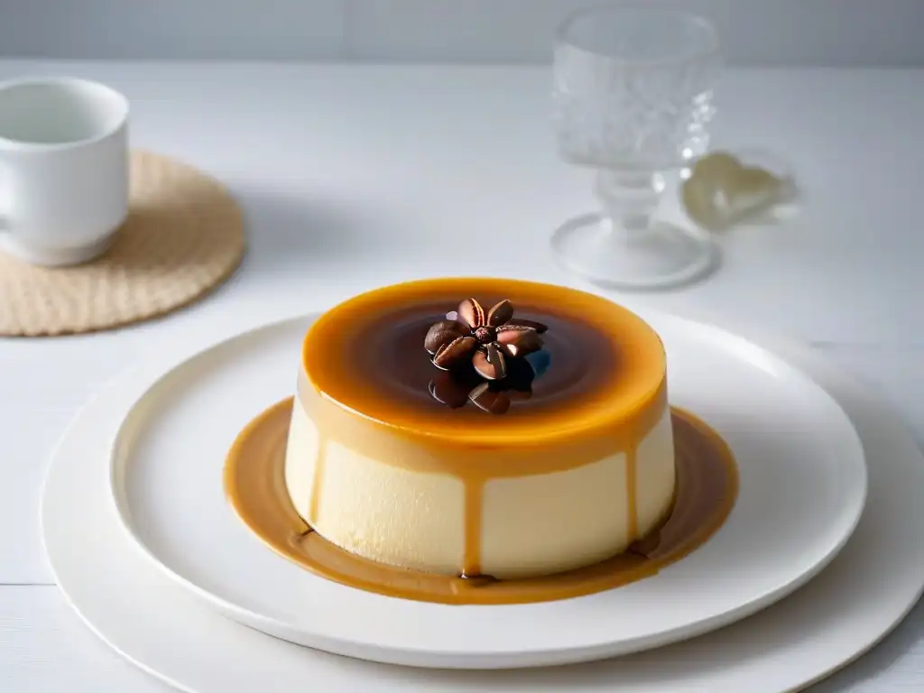 Delicioso flan café descafeinado con un grano de café, elegante y suave en plato blanco