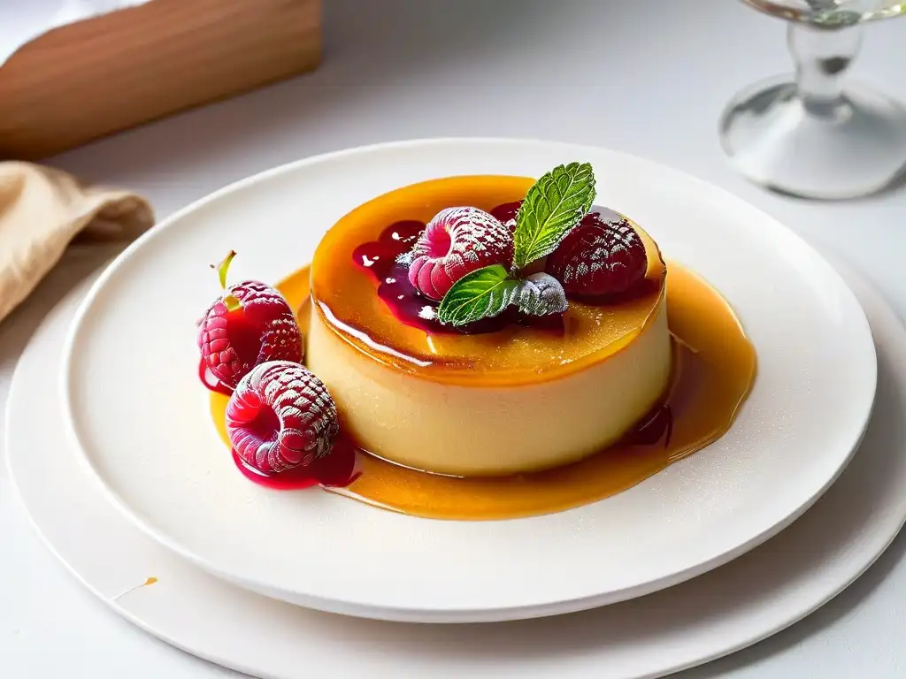 Exquisito flan caramelizado con frambuesa fresca y menta Delicioso flan dorado con frambuesa y menta en plato blanco