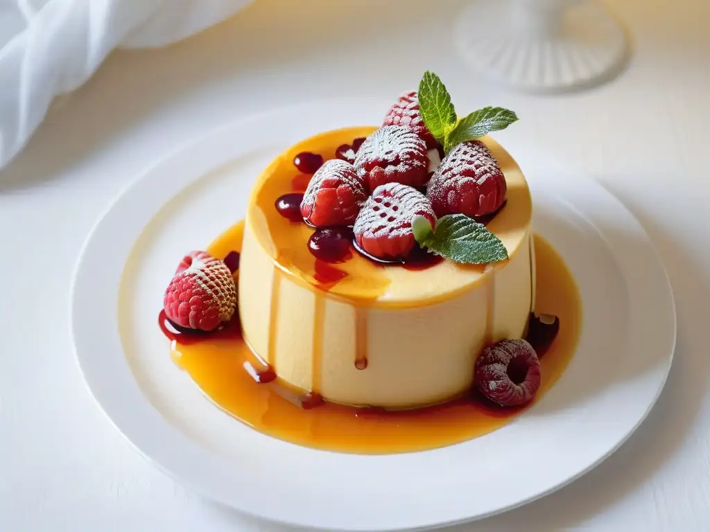 Delicioso flan dorado con frambuesas y miel Delicioso flan dorado con miel, frambuesas y menta en plato blanco