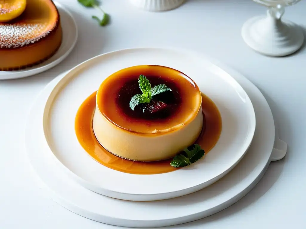 Delicioso flan dorado con canela y menta Delicioso flan dorado en plato blanco con canela y menta