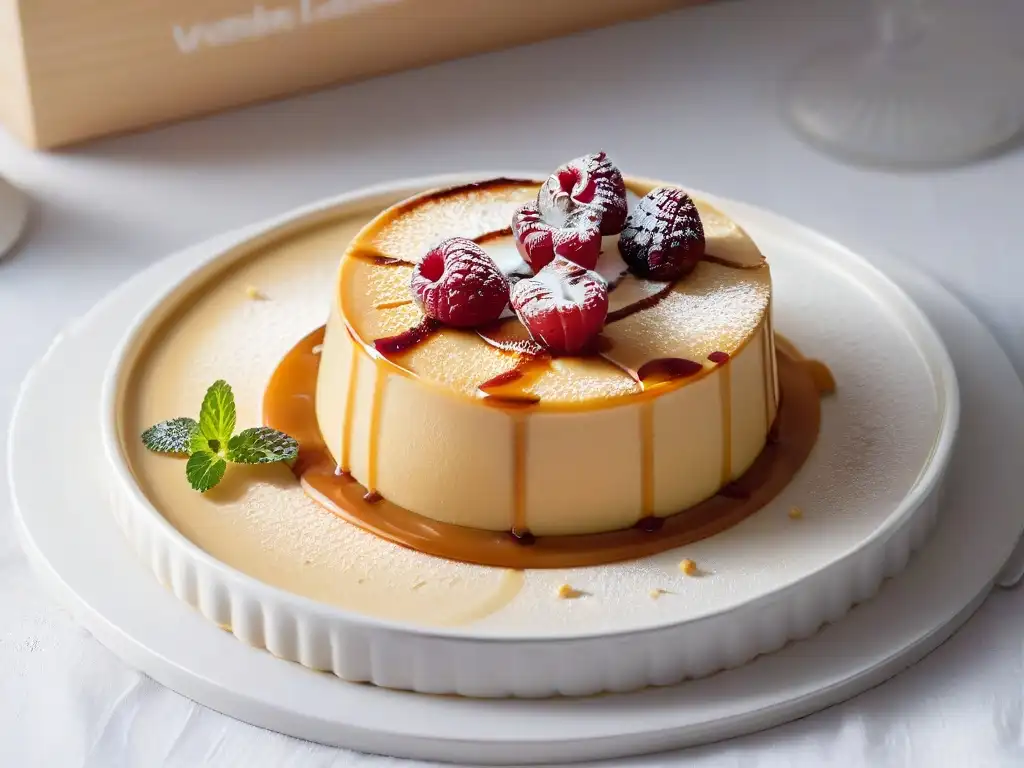 Delicioso flan dorado con salsa de caramelo, frambuesa y hoja de menta