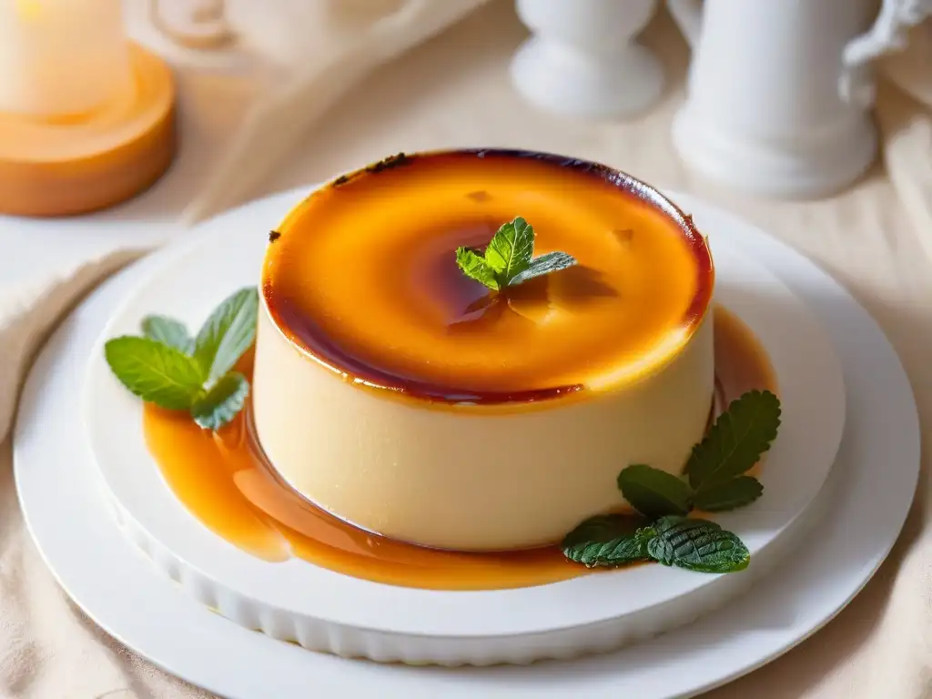 Delicioso flan español con caramelo y hoja de menta, en un escenario acogedor de cocina