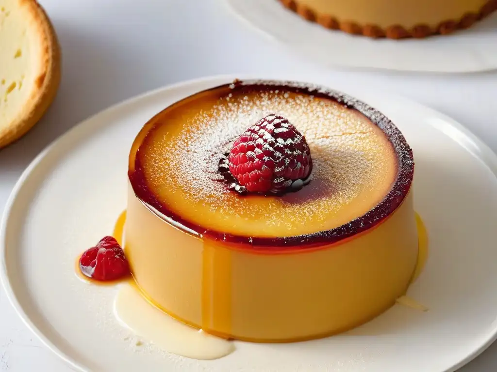 Delicioso flan dorado con frambuesa sobre plato blanco moderno Delicioso flan saludable de caramelo dorado con frambuesa sobre plato blanco moderno