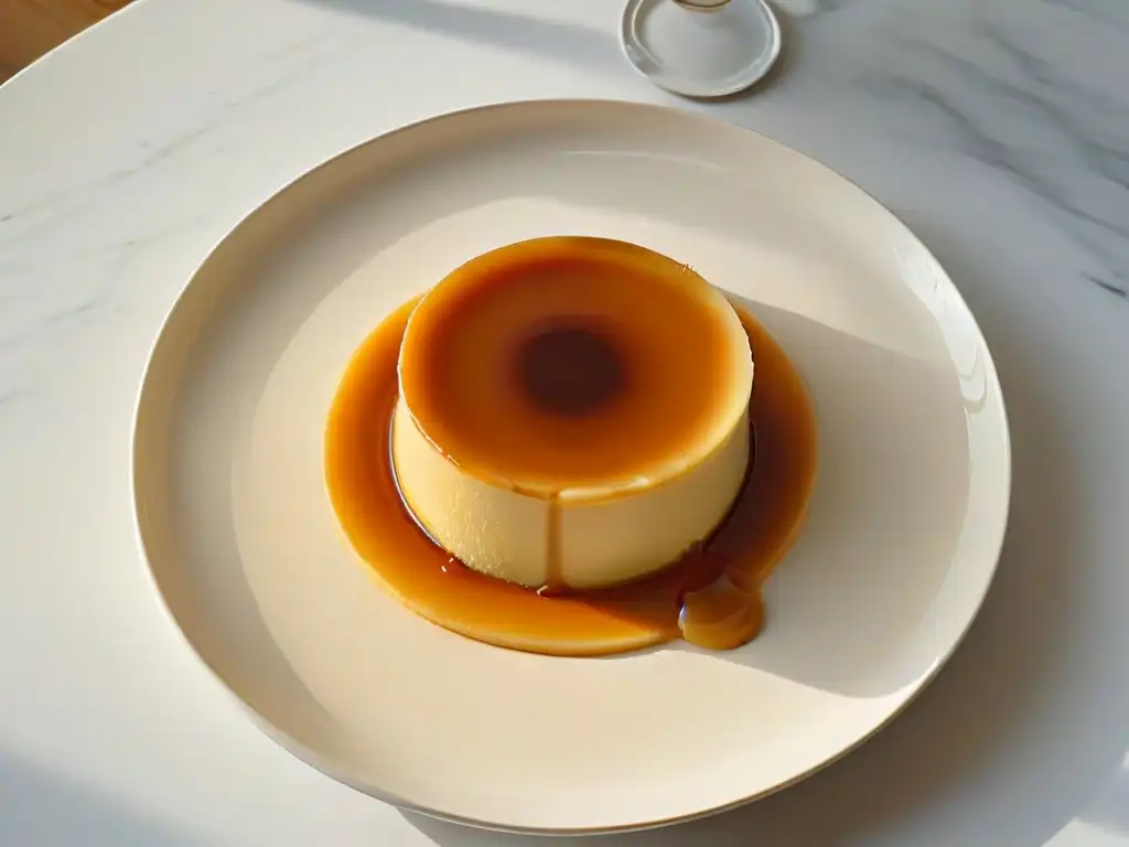 Delicioso flan de crema: elegancia y indulgencia Delicioso flan saludable en plato moderno sobre mármol, elegancia culinaria