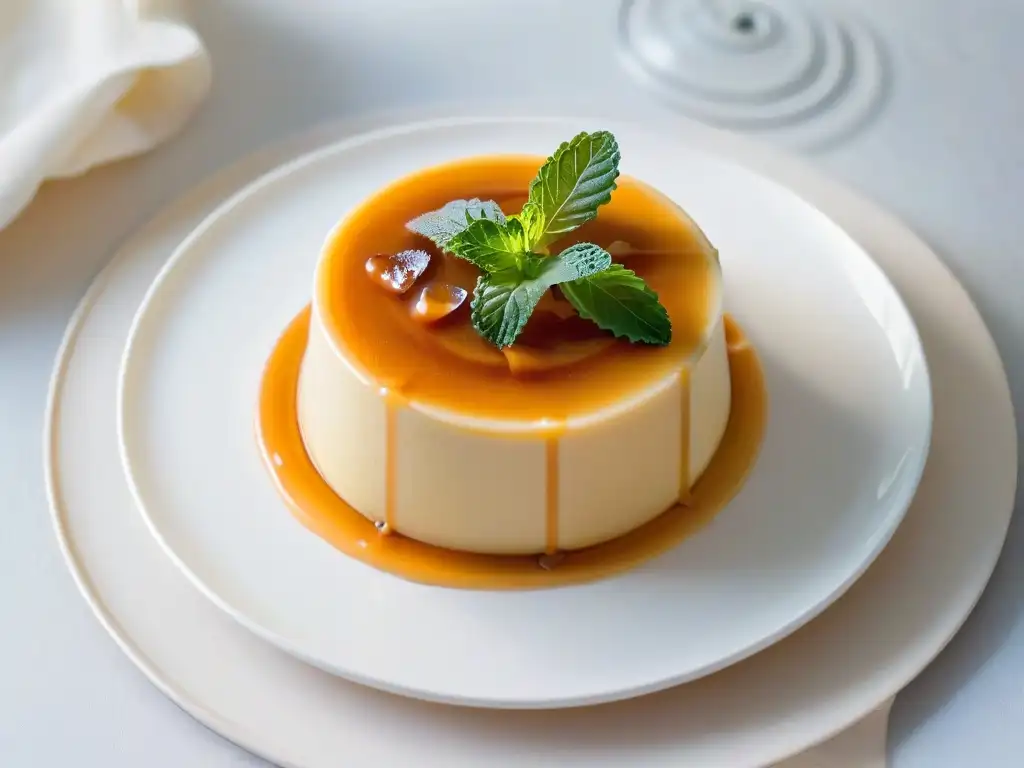 Delicioso flan de vainilla con caramelo y menta en plato moderno