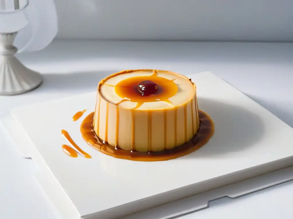 Delicioso flan de vainilla dorado con salsa de caramelo, decorado con vaina de vainilla en un plato blanco