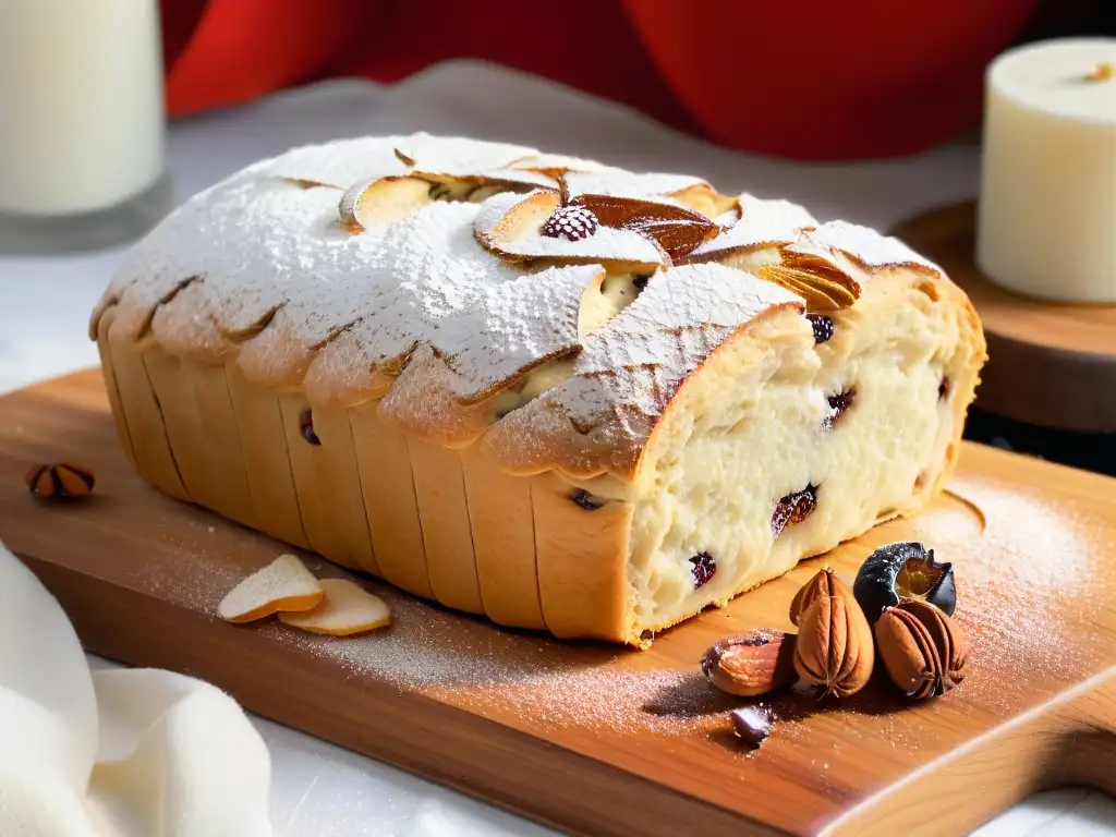 Delicioso stollen alemán con marzipan, frutas secas y nueces en tabla de madera rústica