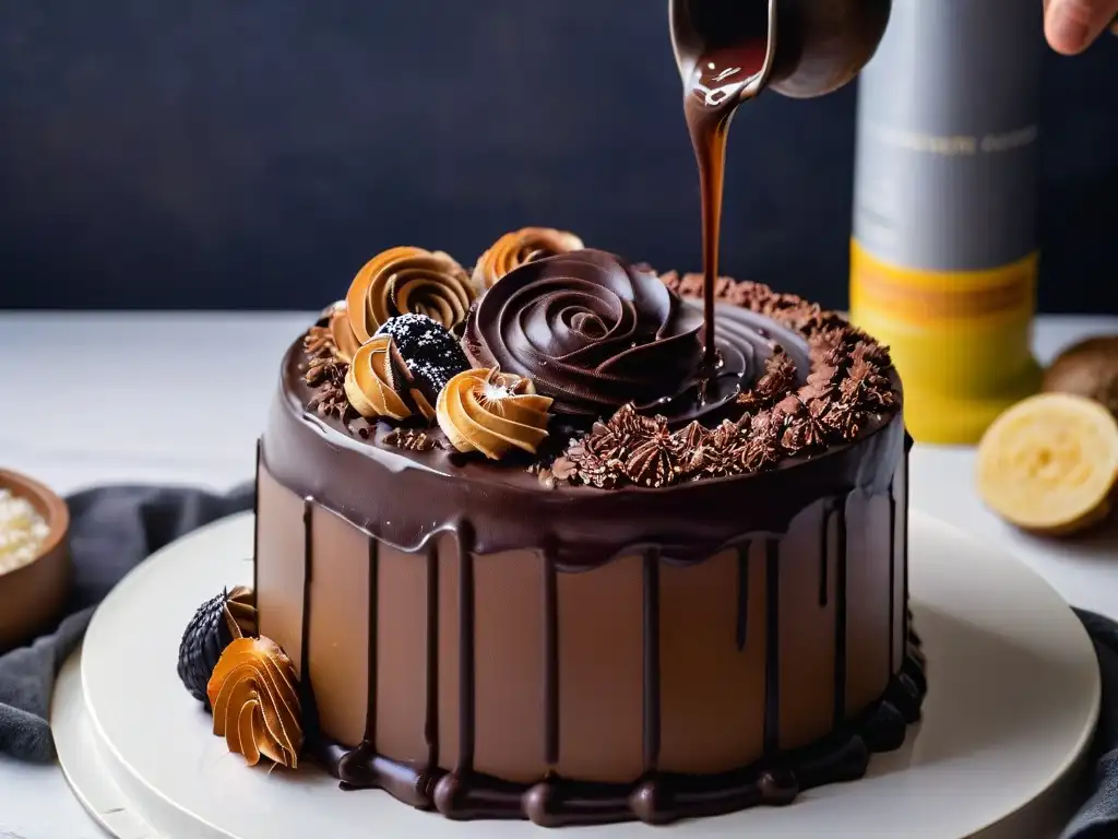 Delicioso ganache de chocolate amargo sobre un pastel, mostrando la riqueza y textura del chocolate