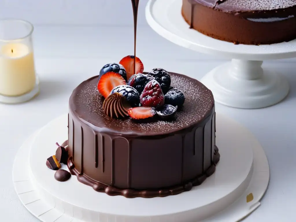 Delicioso ganache de chocolate amargo sobre un tentador pastel sin harina, resaltando la repostería gourmet