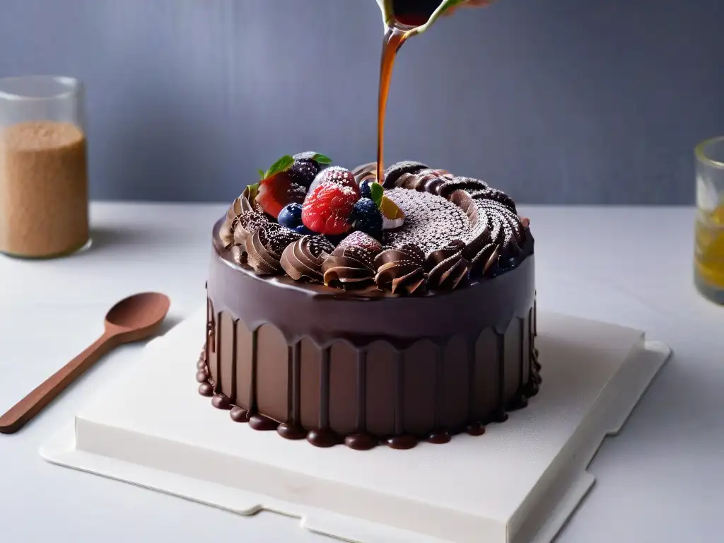 Delicioso ganache vegano de chocolate sobre pastel decadente Un delicioso ganache de chocolate vegano se vierte sobre un decadente pastel, mostrando su textura lujosa y brillante