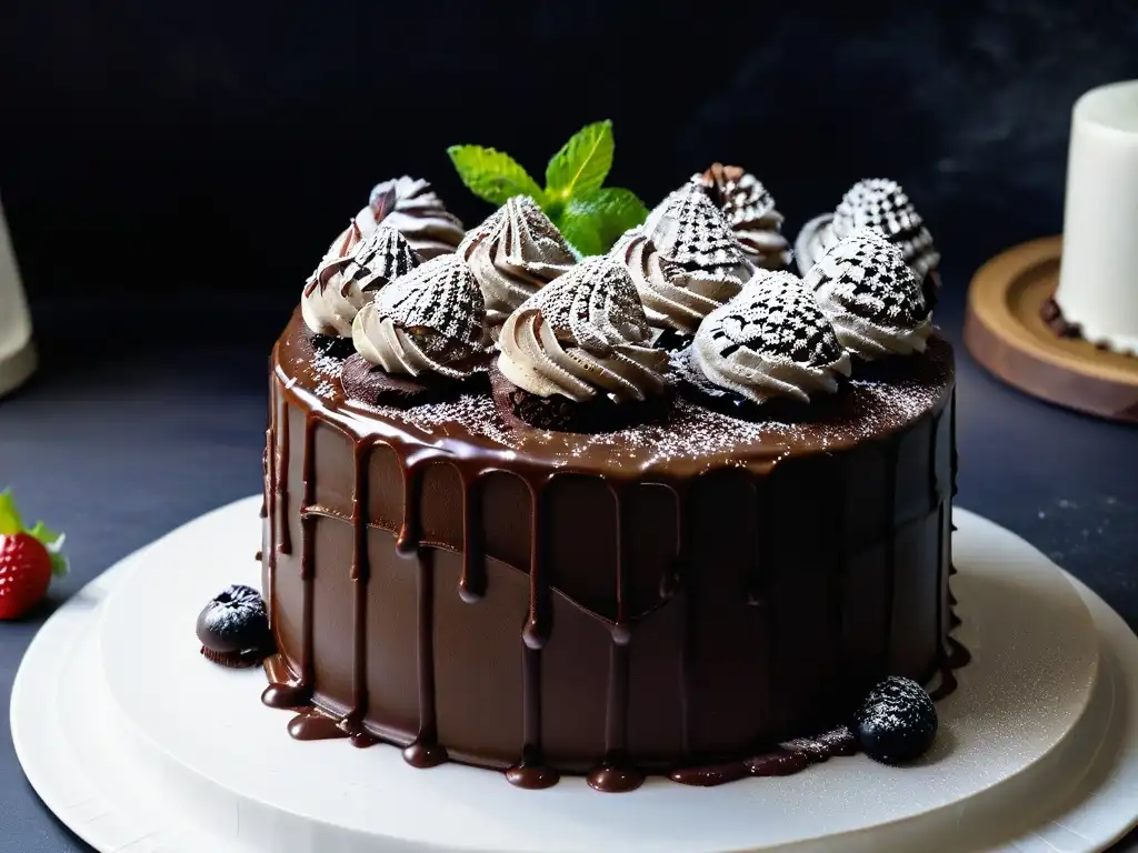 Deliciosa ganache vegana sobre pastel de chocolate: indulgencia sostenible Delicioso ganache de chocolate vegano sobre un bizcocho vegano, decorado con frutas frescas y hojas de menta