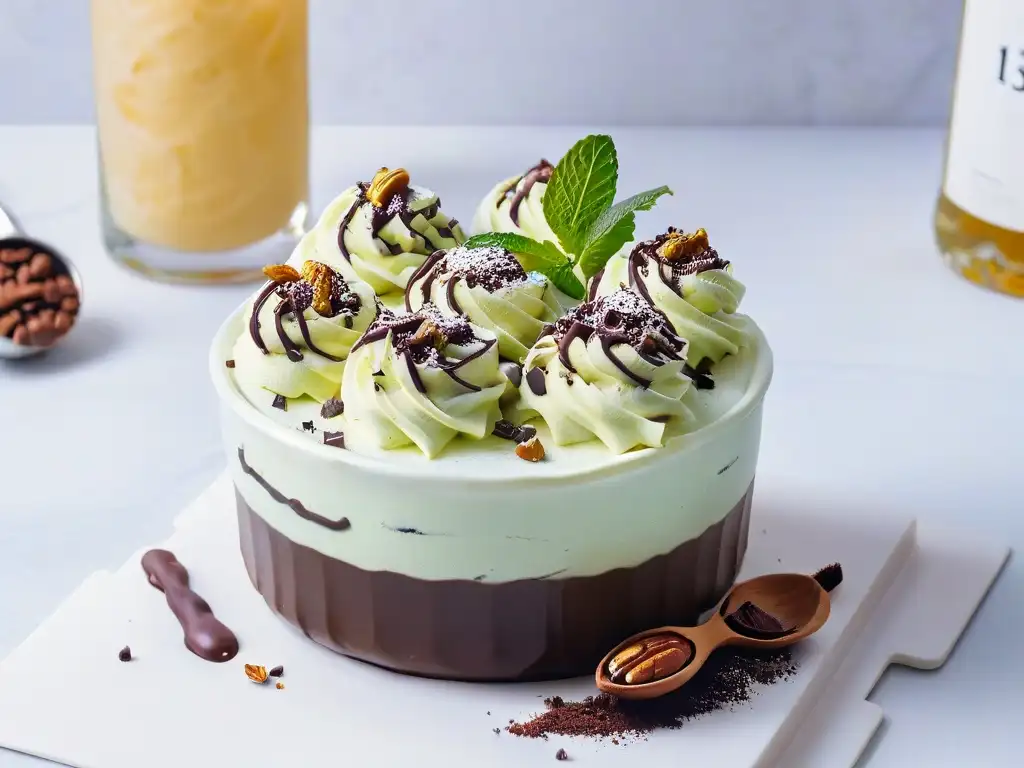 Delicioso gelato artesanal casero con chocolate, menta y nueces en elegante cuenco de cristal sobre mármol blanco