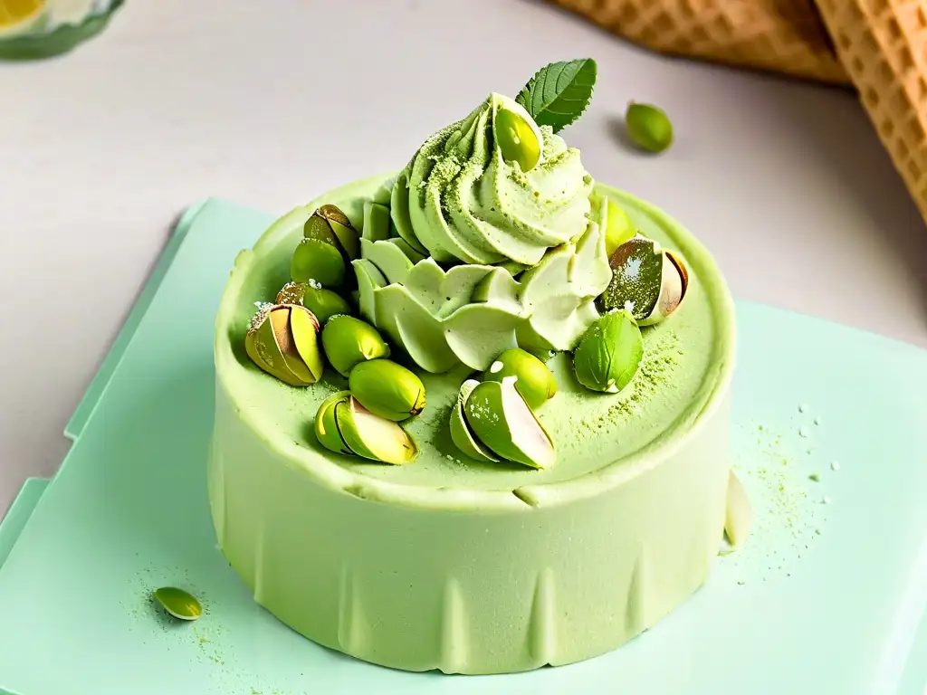 Delicioso gelato de pistacho artesanal en cucurucho rodeado de nueces verdes y hojas de menta fresca