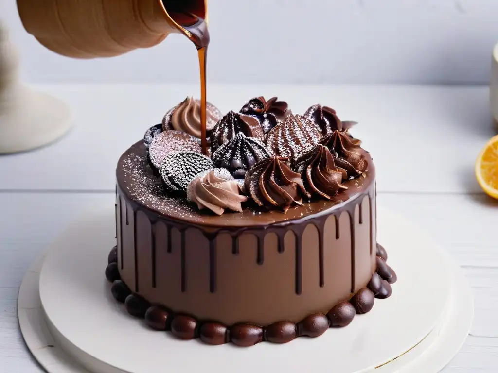 Deliciosa ganache vegana bañando un pastel brillante Delicioso glaseado de chocolate vegano sobre un pastel vegano brillante, con reflejo de planta verde
