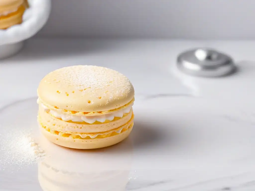 Delicioso macaron sin gluten perfectamente horneado en mármol blanco