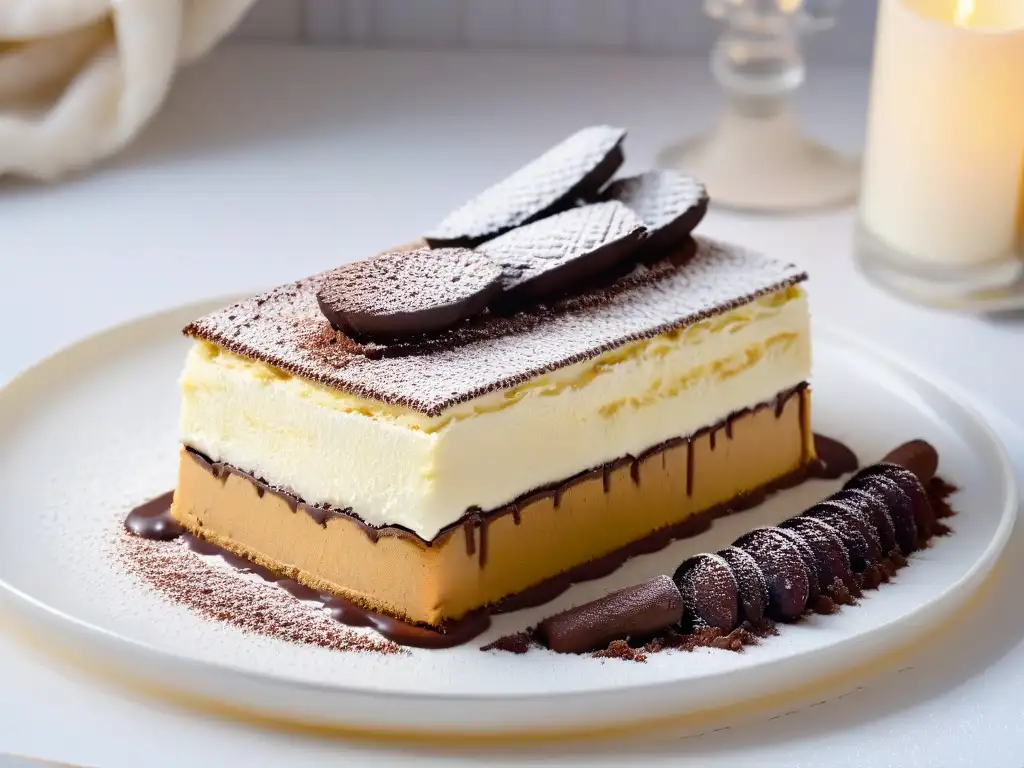 Delicioso Tiramisú gourmet para el Día de las Madres, con capas de bizcochos de café y mascarpone, espolvoreado con cacao, en plato moderno blanco