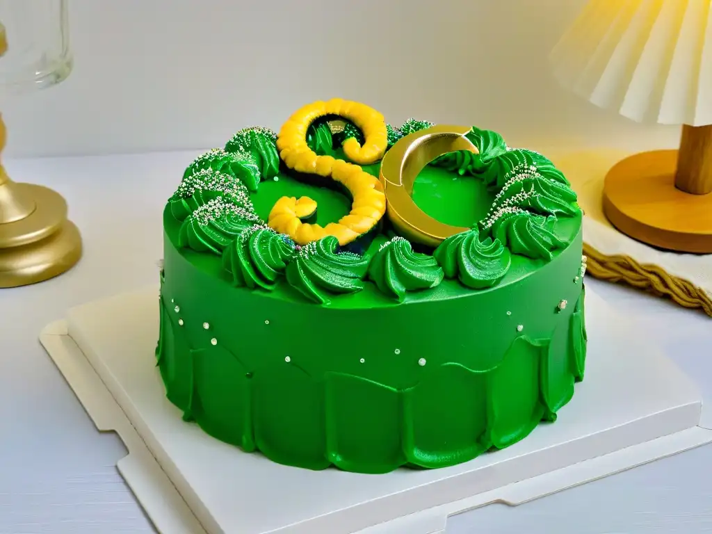 Delicioso King Cake Mardi Gras con capas de glaseado en tonos morado, verde y dorado, y un bebé de plástico
