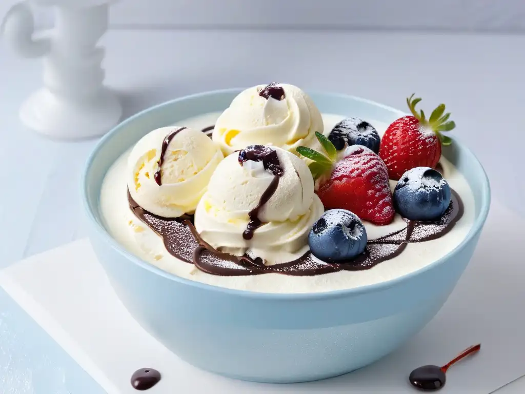 Un delicioso helado casero en un elegante cuenco, decorado con bayas frescas y salsa de chocolate