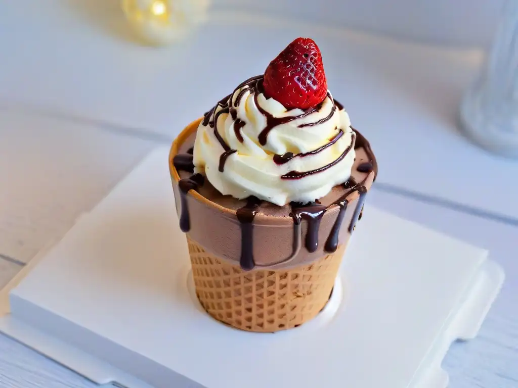 Delicioso helado casero con fresas y chocolate, listo para disfrutar