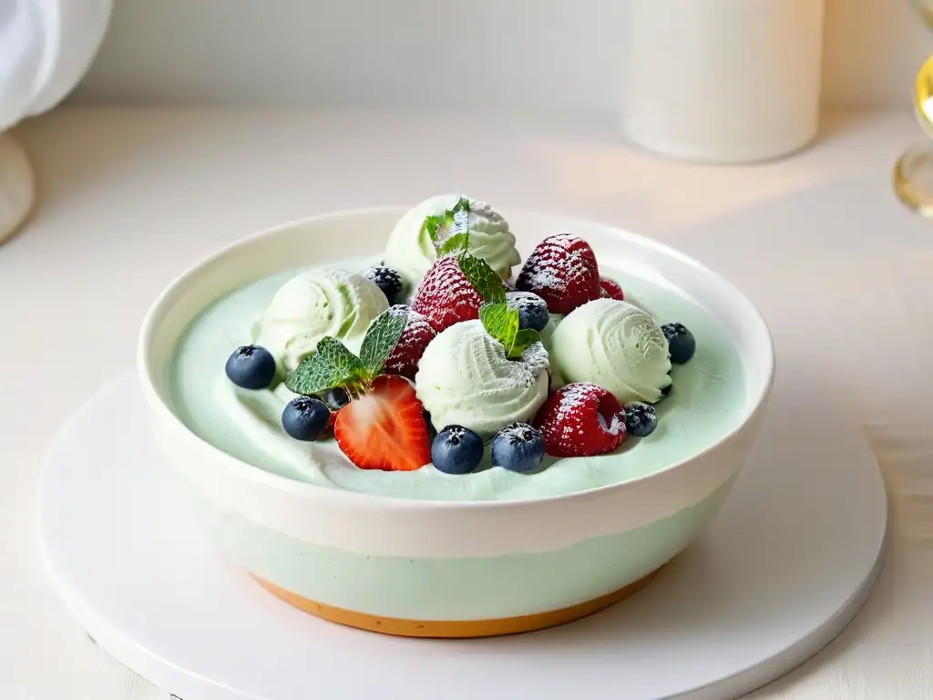 Delicioso helado casero con bayas frescas y hoja de menta en un bol blanco