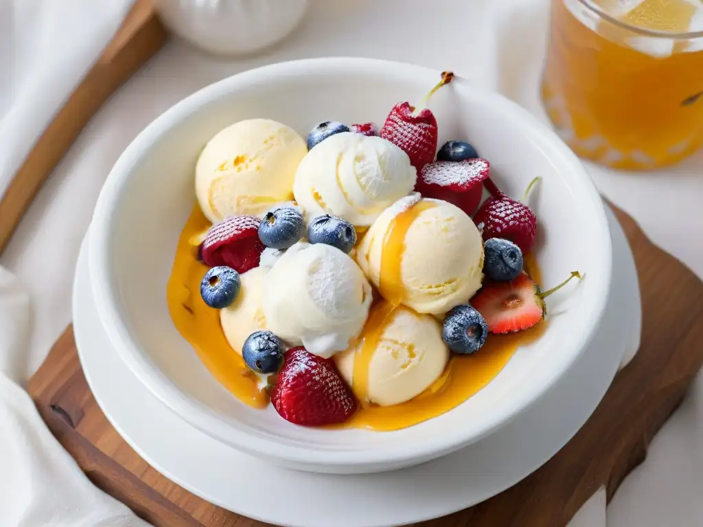 Delicioso helado casero sin gluten con frutas y miel en un elegante tazón