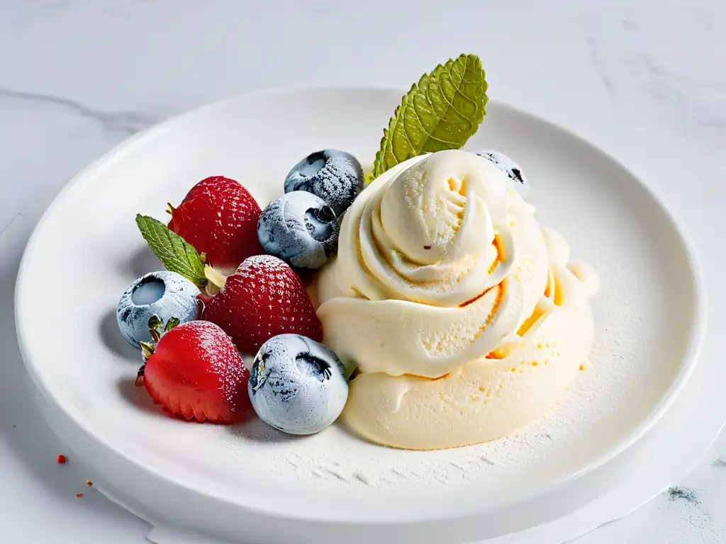 Un delicioso helado casero sin gluten decorado con frutas y menta, en un elegante fondo blanco