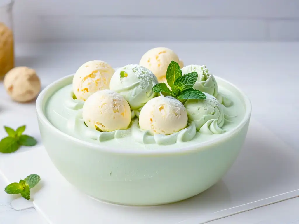 Delicioso helado keto casero con menta y almendras en tazón de vidrio sobre mármol blanco